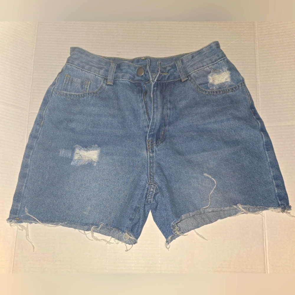 Blue Denim Ripped Short, Medium Wash, Size 28